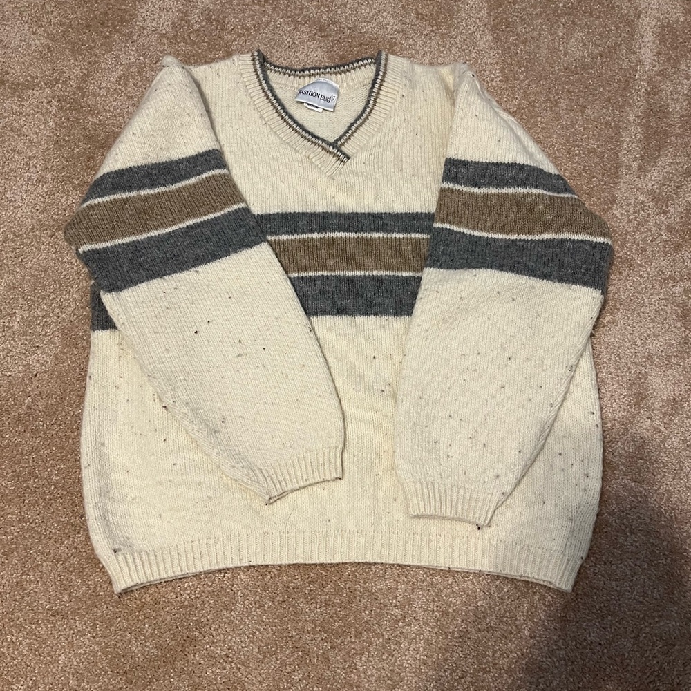 Fashion Bug V-Neck Sweater in Cream, Brown, and Gray